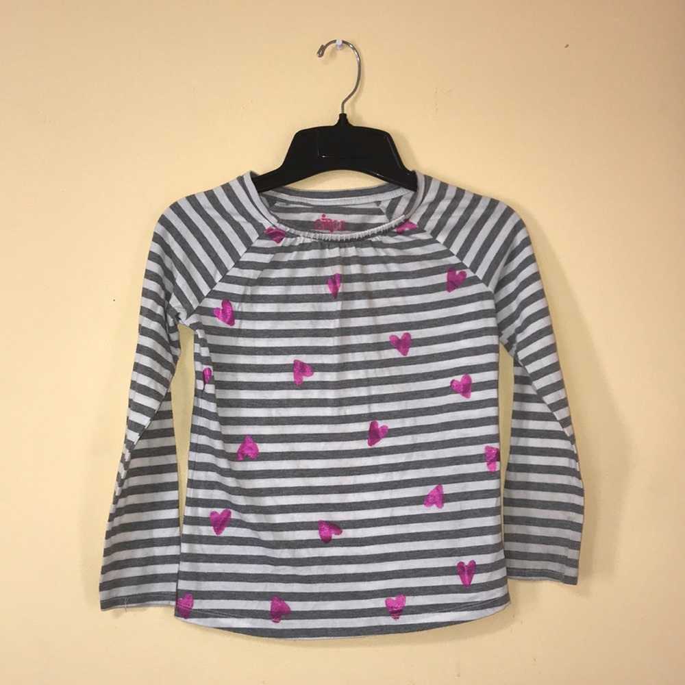 grey and white striped shirt with pink hearts